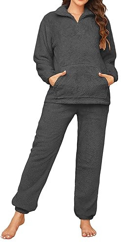 RITOSTA Pigiama Donna Invernale Felpato Pigiama Invernale in Pile Morbido Pigiami Stitch Lungo Pigiama Natalizio Tuta Termica Due Pezzi Donna con Felpa Pile di Cerniera,Pantalone (Grigio Scuro,L)