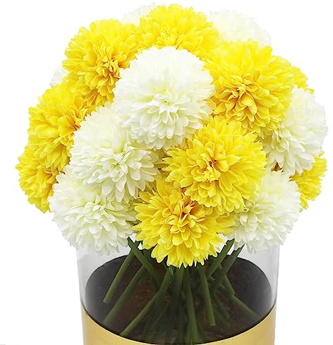 Blooming Paradise Künstliche Kunstblumen, Seide, Chrysanthemen, Kugel, Hortensien, Arrangements, Hochzeitssträuße, Dekoration, Zuhause, Küche, Garten, Party, Tisch, Blumenaufsätze, DIY, Weiß und Gelb