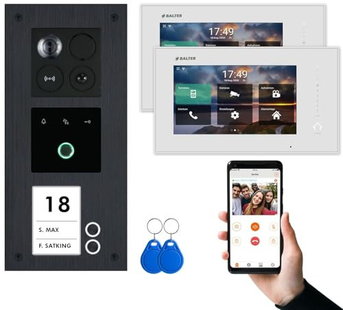 BALTER ERA Schwarz IP Unterputz Video-Türsprechanlage mit Fingerprint Set 2 Familienhaus (1x Türstation mit Full HD Kamera, 2x Touchscreen 7 WiFi-Monitor Weiß, Android & iOS APP, 2-Draht, RFID)