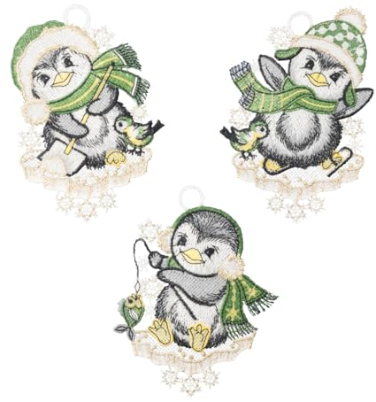 Plauener Spitze Fensterbild Pinguinbande 3er-Set, grün, je 12 x 16 cm, Plauener Spitze Fensterdeko Fensterschmuck Bilder Handarbeit Deko Fenster