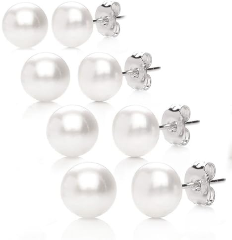 EODKSE 4 Pares Pendientes de Perlas de Plata 925 Cuentas de Perlas Pendiente de Gota para Las Mujeres Blanco Perlas de Agua Dulce Joyería del oído 4mm /6mm / 8mm / 10mm
