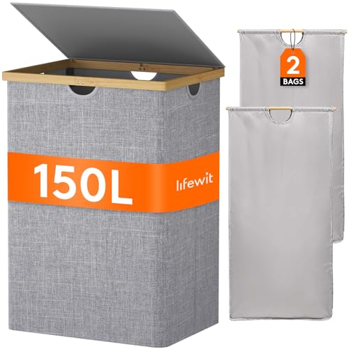 Lifewit 160L Bambus Wäschekorb mit Deckel, Faltbar Wäschesammler 2 Fächer Wäschesortierer mit Abnehmbarem Wäschesack Bambus Griffen Wäschebox Laundry Baskets für Waschküche, Schlafzimmer, Grau