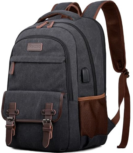 Mactso Mochila de viaje de lona para laptop para hombres y mujeres, mochila de trabajo de negocios, bolsa de computadora universitaria, se adapta a portátiles de 15.6 pulgadas, Negro, 39,63 cm