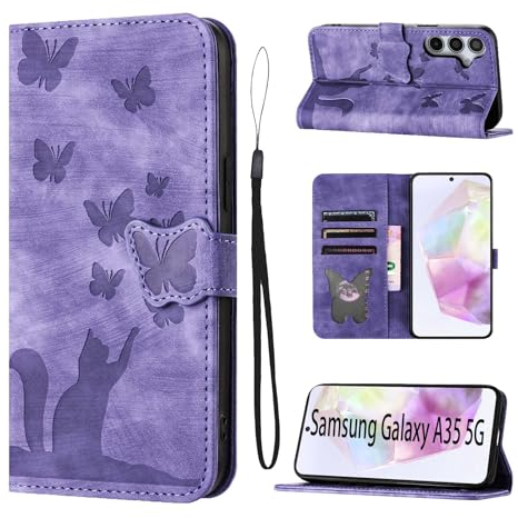 LSPCASA Housse Protection pour Samsung Galaxy A35 Matériau en Cuir PU Coque Samsung A35 5G avec Fentes pour Cartes Étui Motif Papillon Chat Coque Samsung A35 Violet
