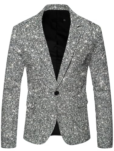 Glitzer Anzug Herren Regular Fit -Pailletten Blazer Langarm Sakko Glänzende Anzugjacket Festlich Mantel Sequins Paillettenanzüge Männer Goldener Anzugjacken für Party Karneval Kostüm