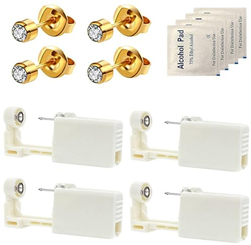Dzxin Piercing Kits, 4 pcs Self Ear Piercing Gun, Disposable Self Ear Piercing Gun Kit with Earring Studs, Safety Ear Nose Piercing Gun Kit Tool (Golden- White)