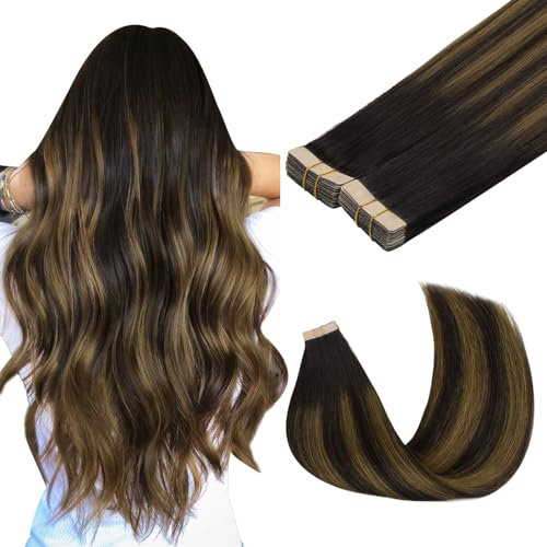 MAXITA Tape-in-Haarverlängerungen, Echthaar, Balayage, Dunkelbraun bis Kastanienbraun, 45 cm, 100 g, 40 Stücke, Echthaar-Extensions, natürliche Haarverlängerungen, Remy-Glatthaar
