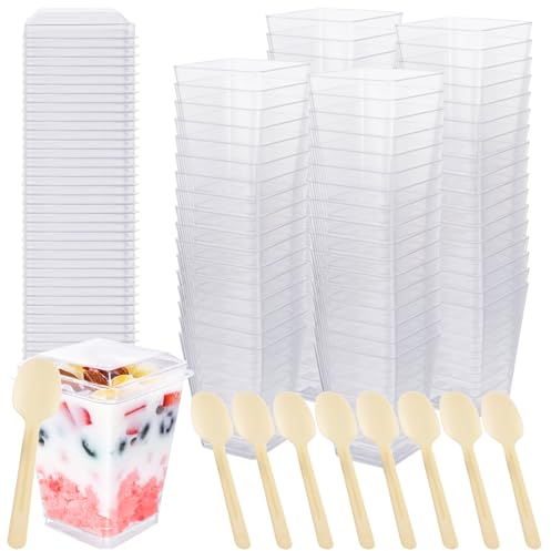 APACALI 100 Pack Mini Dessert Cups, 5oz / 150ml Dessert Cups with Lids, Reusable Dessert Cup, Dessert Pots with Lids for Pudding Party Wedding, Clear