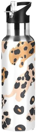 Leopard Print White Water Bottle Drink Flask with Straw Lid Insulated Stainless Steel Thermos Bottle for Boys Girls Gym Sports Leakproof 600 ml