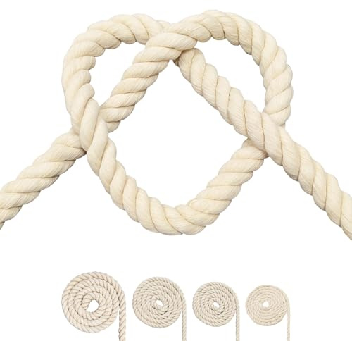 Corde en coton, cordon en coton noir, 3 brins torsadés pour macramé (beige, 6 mm x 4,9 m)