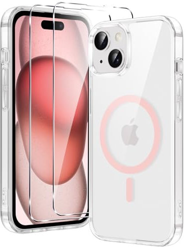 Xiltlly Magnétique Coque pour iPhone 15 avec 2 Pièces Verre Trempés, Compatible avec MagSafe, Anti Rayures Antichoc TPU Bumper Housse Etui, Étui de Protection pour iphone 15, Transparent-Rose