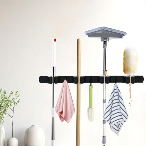 Foppla Over The Door Broom Holder with Hooks Stainless Steel Broom Holder Wall Mount Space Saving Mop Broom Holder Easy to Install Mop and Broom Organizer for Garage Closet Laundry