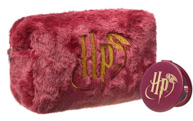 Harry Potter Kosmetiktasche und Spiegel fur Damen | Damen-Kosmetiktasche aus bordeauxrotem Pelz mit Logo | Reisekosmetiketui und Taschenspiegel fur Erwachsene und Jugendliche