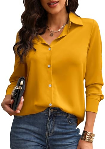 TOMEEK Chemisiers Blouse Femme et Col en V Manches Longues Chemise Blanc Femme Haut Élégant Shirt pour Travail Manche Courte Polo Décontracté Boutons Top(Jaune,S)