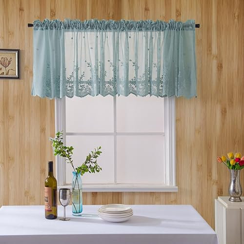 Aotiwe Window Curtains, Scheibengardinen Kurz Transparent Einfarbige Stickerei Blau Grün Vorhang Küche Polyester 74x61cm 2-Teiliges