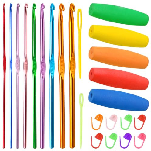KIBBEH Häkelnadel Set Zubehör für 24-Stücke, Häkelnadel Set für Anfänger,(2.0 mm-6.0 mm) Bunte Aluminium Häkelnadel Werkzeuge,5 Stücke Häkelnadel farbiger Griff Schutzhülle, Zubehör für Garnstricken