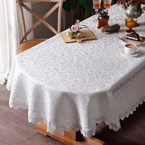 Artbloss Ovale Tischdecke, Jacquard-Tischdecke mit exquisiter Spitzenbordüre, Herbst-Tischdecken für Esszimmer, Hochzeit, Kaffee, Outdoor, Party, Urlaub, Tischplatte (Weiß, 152,4 x 277,7 cm, oval)
