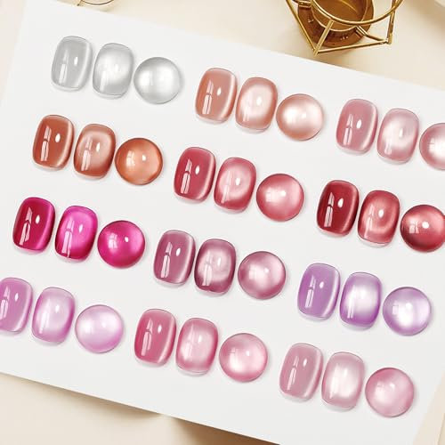 SUPWEE Cat Eye Gel Nail Polish Set, 12 Colors Jelly Nude Pink Red Magnetic Gel with Magnet Soak Off UV LED Iridescent Cat Eye Effect Nail Polish for Nail Art Salon DIY Home