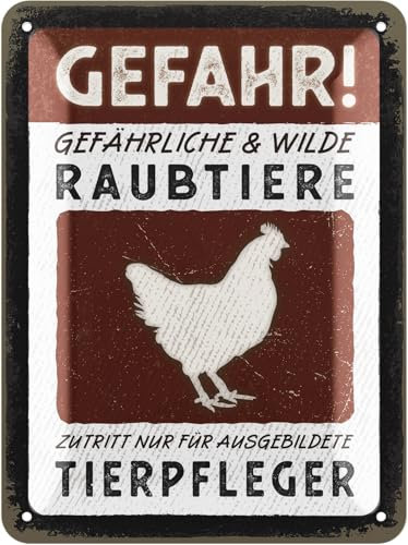 LANOLU Retro Blechschild Vorsicht Hühner, Hühner Zubehör, lustige Schilder mit Sprüchen, vintage Metallschilder Huhn Deko für den Hühnerstall, Warn- und Garten Schild als Hühner Deko, 15x20cm