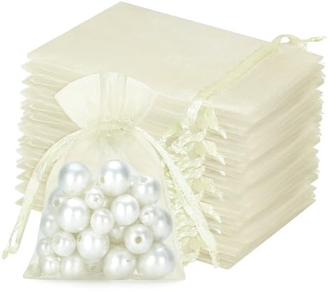 jijAcraft Creme Klein Organzasäckchen 7x9cm: Geschenksäckchen mit Zugban Transparent Schmucksäckchen 100 Stück Organza Beutel Hochzeit zum Befüllen Geschenk Bonbon