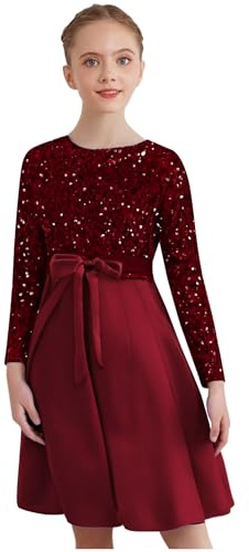Loodgao Mädchen Glänzend Pailletten Party Kleid Langarm Rundhals High Waist Abendkleider Kurz Knielang Cocktailkleider mit Gürtel Bowknot Hochzeit Outfits Burgundy 134-140