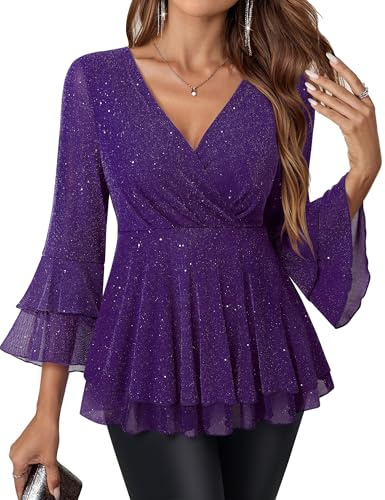 Vafoly Women's Blouses 3/4 Sleeve Elegant V-Neck Tunic with Ruffle Sleeves Glitter Festive Tops for Everyday and Party, Purple, L