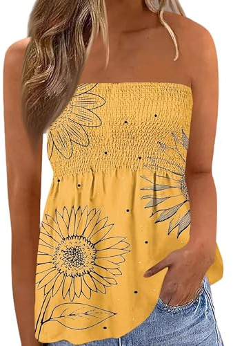 Springcmy Women Strapless Bandeau Smocked Ruffle Tank Casual Loose Sleeveless Tube Tops Summer Flowy Tunic Tube Top Tee Shirt Blouse (Ba Light Yellow, XL)