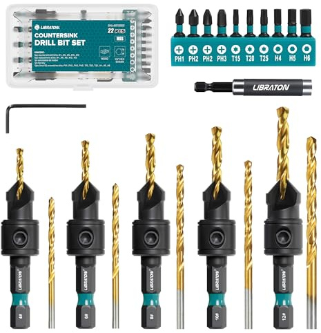 LIBRATON Countersink Drill Bit Set, 22 PCS Wood Counter Sink Drill Bit | #4, #6, #8, #10, #12, Adjustable, Magnetic Drill Bit Holder Extension for Woodworking, Screwdriver Bits with Storage Box