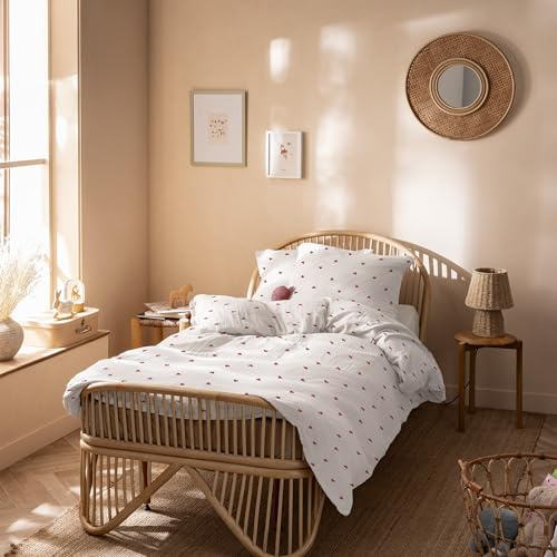 MATT & ROSE Parure de lit en Gaze de Coton imprimée Coeur 100% Coton | Blanc, rose | Housse de couette 140x200 cm + 1 taie d'oreiller 63x63 cm | Réversible | Fermeture boutons | Oeko-Tex