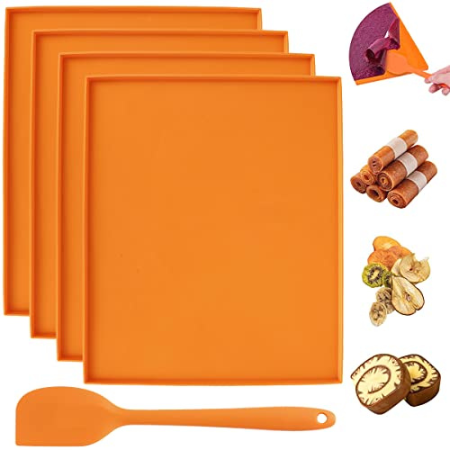 4 Stück Dehydrator Blätter Silikon Dehydrator Matten mit Rand und Silikonschaber, Wiederverwendbare Antihaft Dörrfolie für Dörrautomat, 30.5x25.5cm Dörrbleche, BPA Frei (Orange)