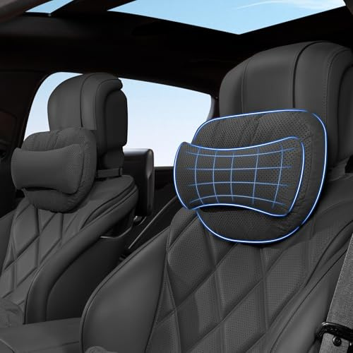AntDiseno Nackenkissen Auto, Weichheit Kopfstütze Kissen für Auto, Set mit Doppellagigem Design mit Memory Foam und Biologischer Baumwolle für Autos, LKWs und SUVs (Schwarz)