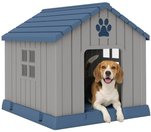 PawHut Dog Kennel Outdoor for Medium Dogs, Dog House, 85 x 79 x 82 cm Grey | Waterproof Plastic, Garden Patio, Indoor Outdoor Pet Shelter, Elevated Base