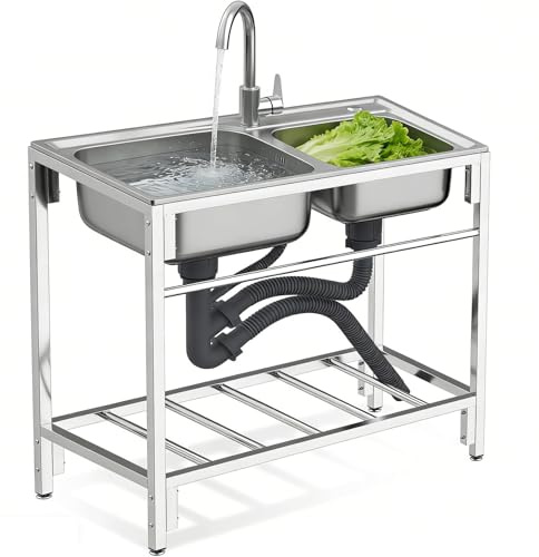 304 Stainless Steel Large Double Bowl Commercial Sink with Drainer Board and Hot Cold Water Tap for Laundry, Backyard, Restaurant