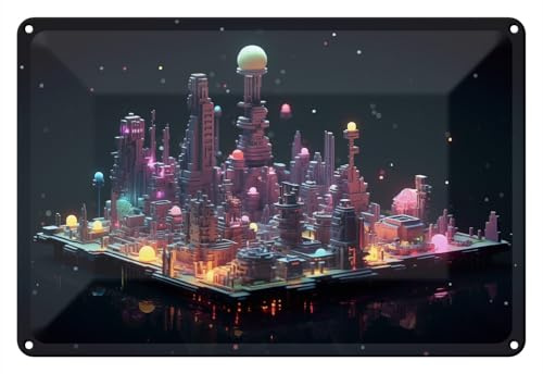 Wallario Blechschild Wandbild aus Metall Pixel-Metropole - 20 x 30 cm in Premium-Qualität: Brillante Farben