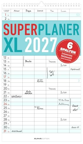 Superplaner XL 6 Spalten 2027: Familienkalender 26x45 cm mit 6 Spalten, Schulferien, Feiertagen & Notizfeld, ideal für Familienorganisation