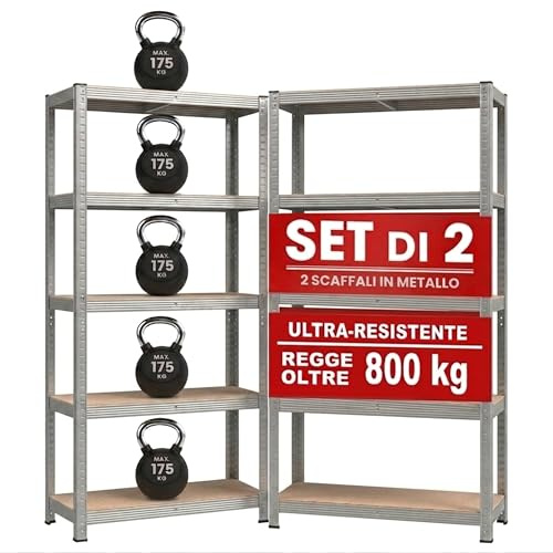 Meridiana Set di 2 Scaffali in Metallo, Scaffalature a 5 Ripiani Regolabili | Senza Viti, Scaffale Salvaspazio per Garage, Magazzino, Portante 875kg, 40 x 90 x 180 cm, scaffale metallo garage Argento