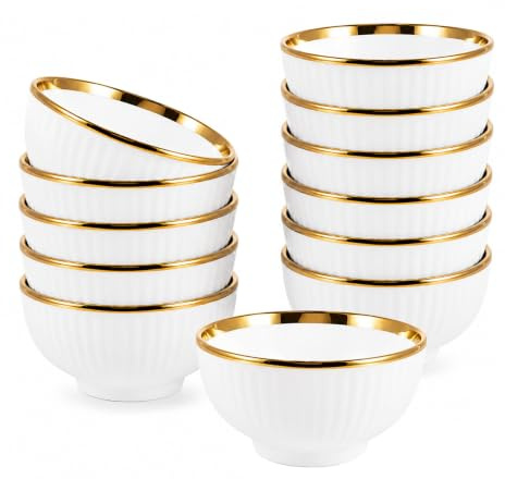 12PCS Ceramic Cereal Bowls 400ml Dessert Bowls White Soup Bowl Microwave | Gold Rim Rice Bowl 11.5cm Ribbed White Soup Bowl Dishwasher Safe Tableware for Kitchen Dining Restaurant
