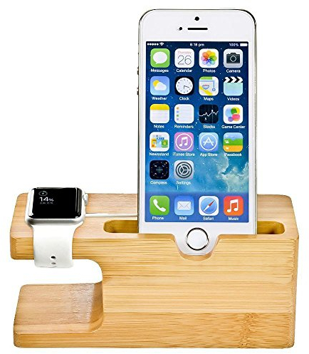 MOZOWO Soporte multifunción de madera de bambú para cargador de escritorio, estación de carga, soporte compatible con iPhone XS MAX XR X 8 7 6 6S Plus Apple Watch 2 3 4 / iWatch 38 mm y 42 mm, todos