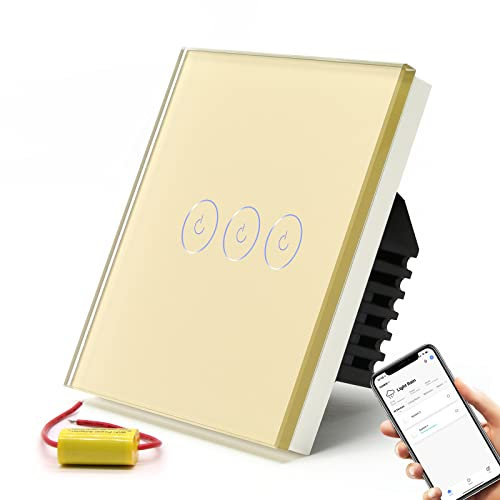 BSEED WiFi Touch Switch Gold,3 Gang 1 Way Smart Light Switch Compatible with Alexa and Google Home,with Smart Life Remote Control(No Hub Required)-No Need Neutral Wire