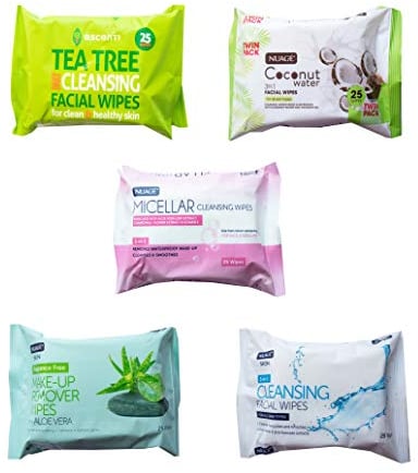 XL Bundle Set 5x Twin Pack Different Facial Cleansing Face Wipes - Micellar, 2 in 1 Cleansing, Tea Tree, Coconut Water, Make Up Remover Multipack (Pack of 5 x 50 wipes)