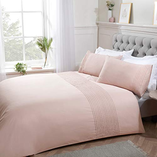 Sleepdown 5056242764243 Pintuck-Set di Biancheria da Letto con federe, Righe, Colore: Rosa Cipria, di Lusso, Facile da Pulire, Morbido e Confortevole, Super King (220 x 260 cm), Policotone