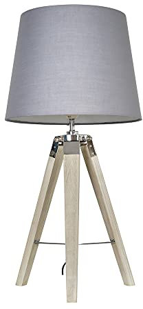 MiniSun | Distressed Wood and Silver Chrome Tripod Table Lamp with a Grey Light Shade | Home Décor, Bedside & Desk Lamp | Includes Bulb [3000K Warm White]
