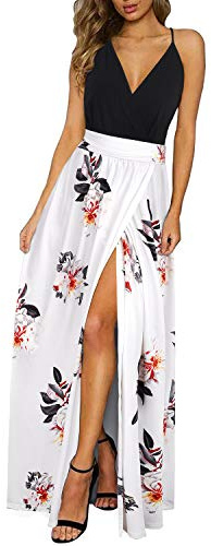 Newshows Femmes Eté Profond Décolleté en V Loisirs Robe Spaghetti Imprimé Fleur Split Maxi pour la fête de Plage(Floral 03,L)