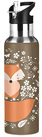 Vnurnrn Art Fleur Bébé Renard Animal Bouteille d'eau Isotherme avec Paille en Acier Inoxydable Gourde 600ML, Sans Bpa Gourdes Eau pour Enfant Sport Randonnée École Bureau