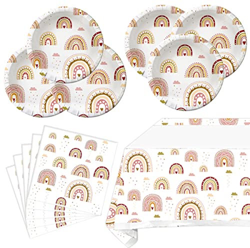 Boho Rainbow Birthday Party Tableware Set, Boho Rainbow Birthday Party Table Decorations Paper Plates Napkins Tablecloths