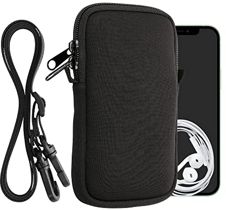 kwmobile Handytasche für Smartphones L - 6,5 - Neopren Handy Hülle Schwarz mit Kordel - Handy Tasche mit Handykette 16,5 x 8,9 cm Innenmaße