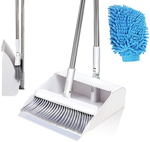 Foldable Broom And Dustpan Set Non-Stick Hair Sweeper Standing Broom Dustpan Stainless Steel Handle + Microfiber Cleaning Towel Gloves