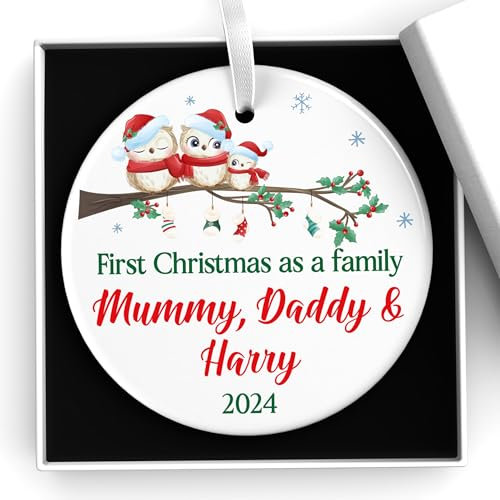 Personalised First Christmas As A Family Decoration, Custom 1st Xmas Mummy and Daddy Ornament, Baby's First Christmas Bauble With Gift Box