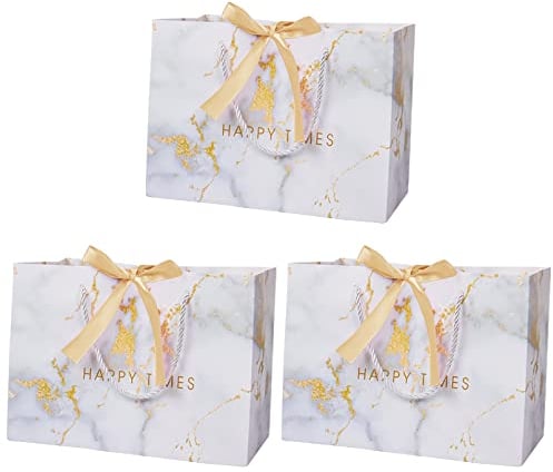 3 Stück Geschenktüten mit Henkel und Schleifenbändern, 36× 25× 12cm Geschenktüte Geburtstag Geschenktüte aus Papier für Geburtstag, Hochzeit, Brautparty, Babyparty(Weiß)