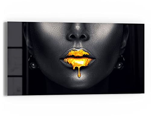 DEQORI Glasbild Echtglas | Motiv Goldbedeckte Lippen | horizontal einteilig 60x30 cm | schöne Dekoration | Wandbild für Wohnzimmer, Schlafzimmer, Flur & Küche | moderne Wanddeko